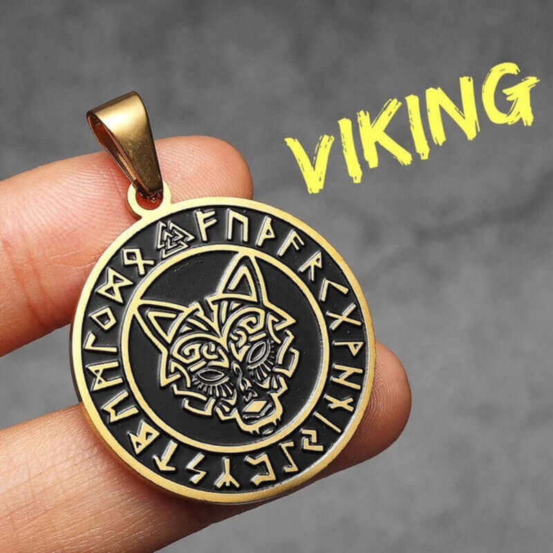 Men’s Viking Wolf Head Rune Pendant Necklace – 316L Stainless Steel Norse Amulet N1501-Only Pendant-G