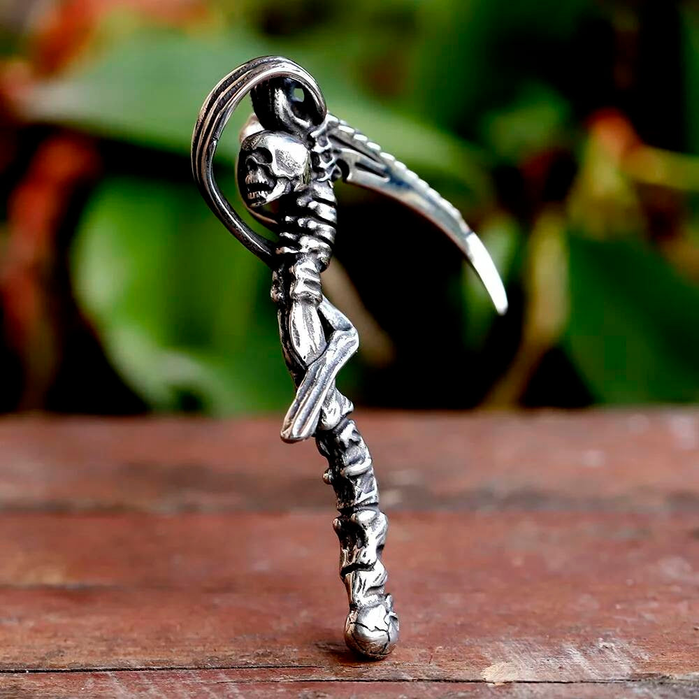 Scythe Pendant Necklace, Gothic Silver Jewelry with Grim Reaper Symbolism