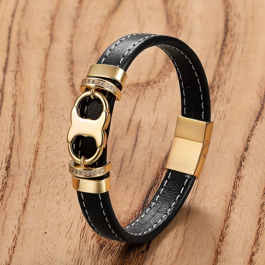 Woven Leather Rope Wrap For Men Classic Stainless Steel Fittings Bangles Bracelets Punk Wristband Jewelry Gifts Gold