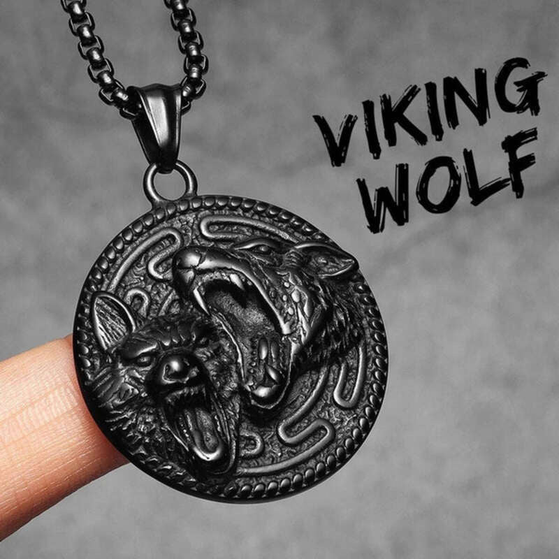 Dual Wolf Pendant Necklace, Fierce Silver Tribal Jewelry with Howling Wolves Design N1503-60cm chain-B