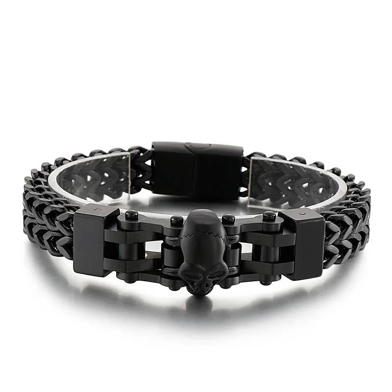 12mm Mens Biker Skull Bracelet With Mesh Chain Stainless Steel Trendy Punk Jewelry Black Color 22cm