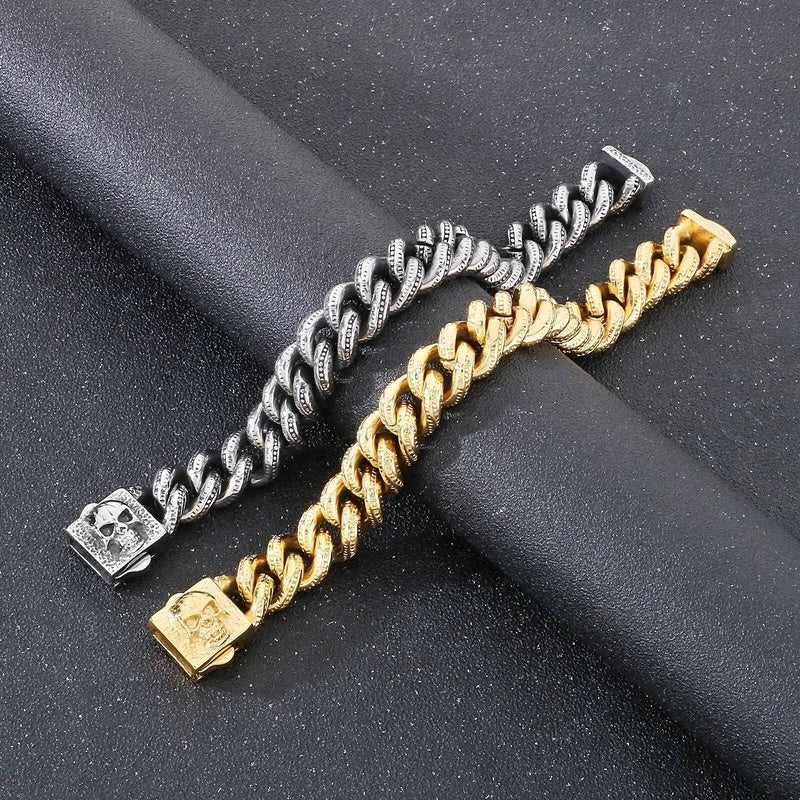15mm Vintage Cuban Chain Bracelet With Skull Charm Clasp