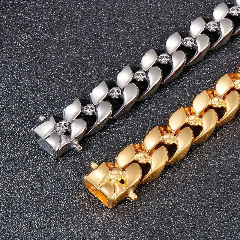 Cuban Link Chain With Skull Charm Bracelet Men Punk Jewelry