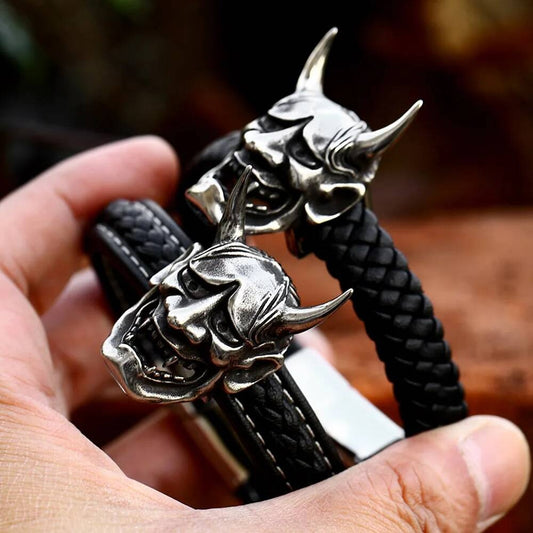 Samurai Oni Demon Bracelet for Men Gothic Punk Rock Biker Jewelry 316L Stainless Steel with Black Braided Leather