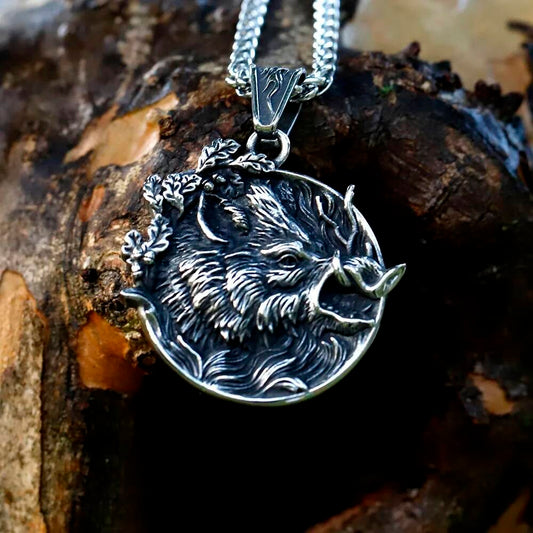 Wild Boar Pendant Necklace, Silver Tribal Jewelry with Detailed Animal Design
