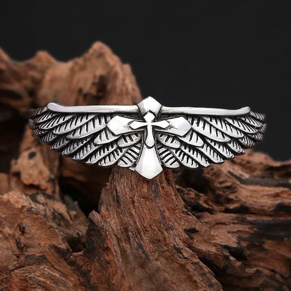 Angel Wings Cross Bangle – Gothic Stainless Steel Bracelet