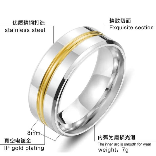 Stainless Steel Gold Inlay Ring 8mm Classic Two-Tone Wedding Band