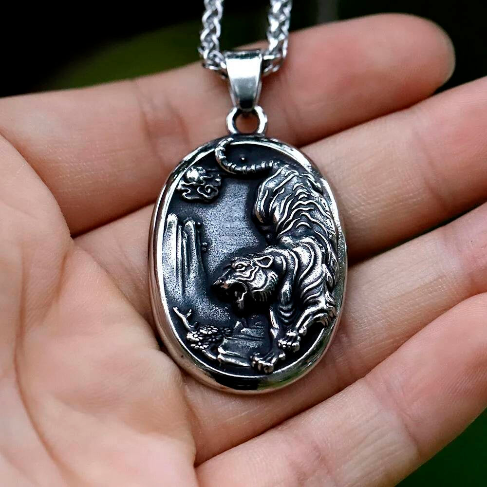 316L Stainless Steel Tiger Oval Pendant Necklace Animal Jewelry