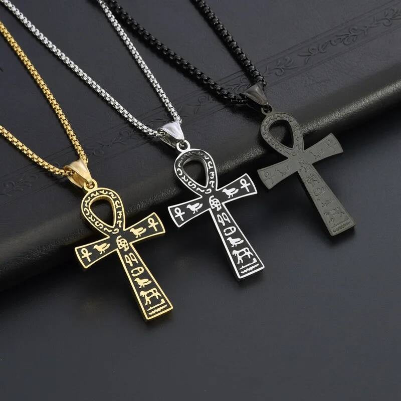 316L Stainless Steel Egyptian Anka Cross Pendant Chain Necklace For Men Vintage Jewelry Accessories