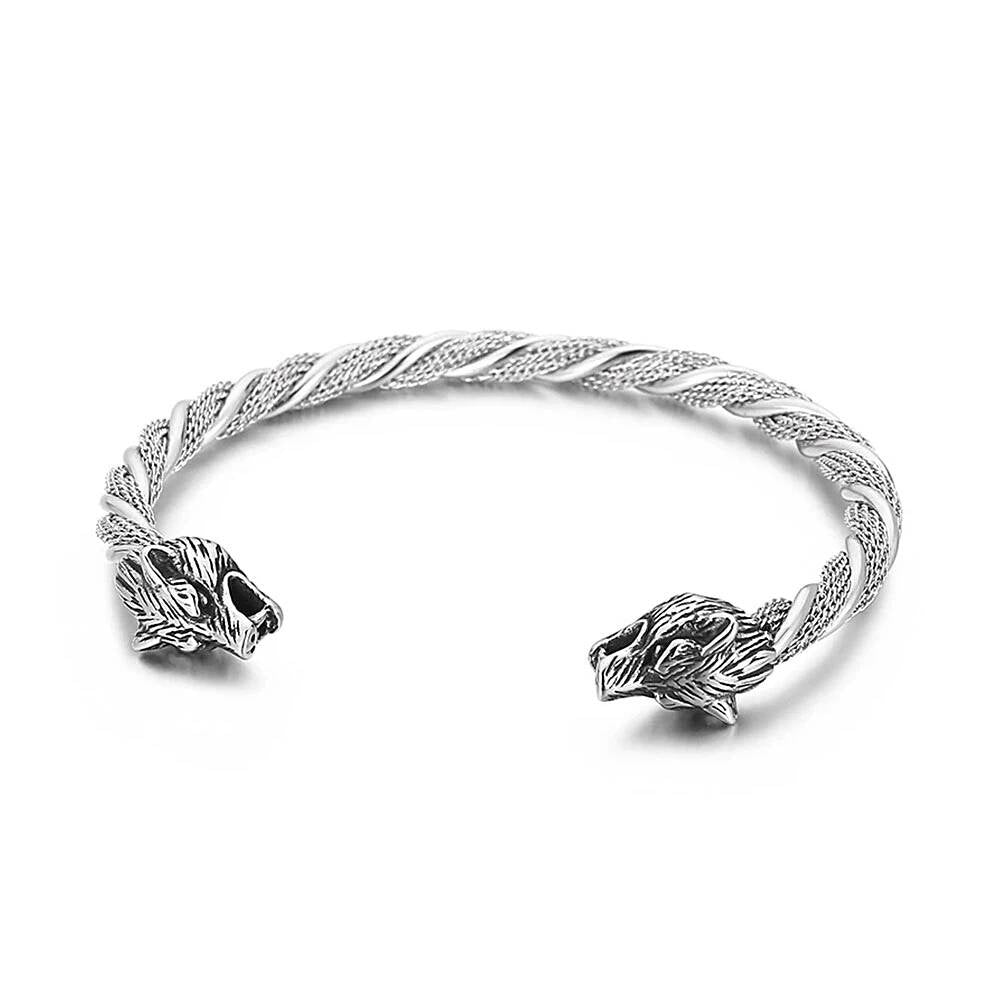 Wolf Head Stainless Steel Bangle – Viking Norse Open Cuff Bracelet Style B