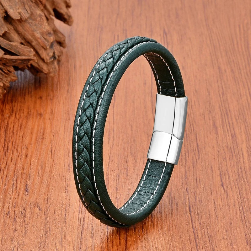 Vintage Men Europe and America Stainless Steel Magnet Open Bangle Multi-Size Woven Leather Hand Rope Classic Party Gift Present Style E-White