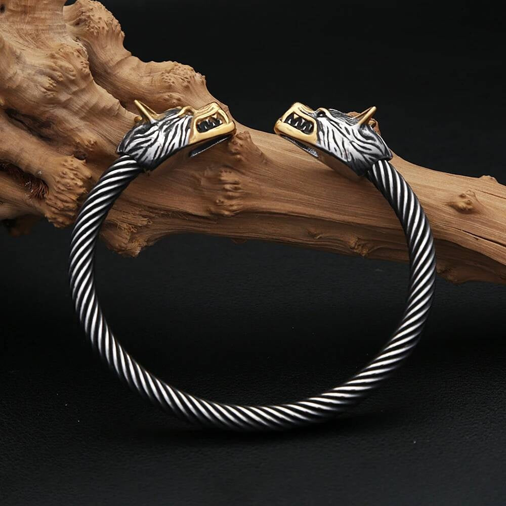 Viking Wolf Head Cuff Bracelet – Twisted Steel Norse Armring