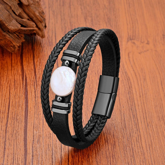 Natural Irregular Freshwater Pearl Bracelet for Woman Charm Multilayer Leather Bangles Man Stainless Steel Wristband Jewelry Black Metal