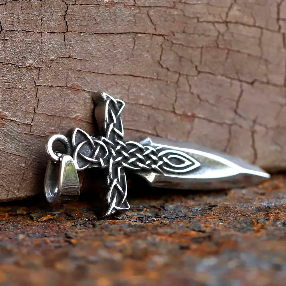 Celtic Sword Cross Pendant Necklace, Silver Viking Jewelry with Intricate Knot Design