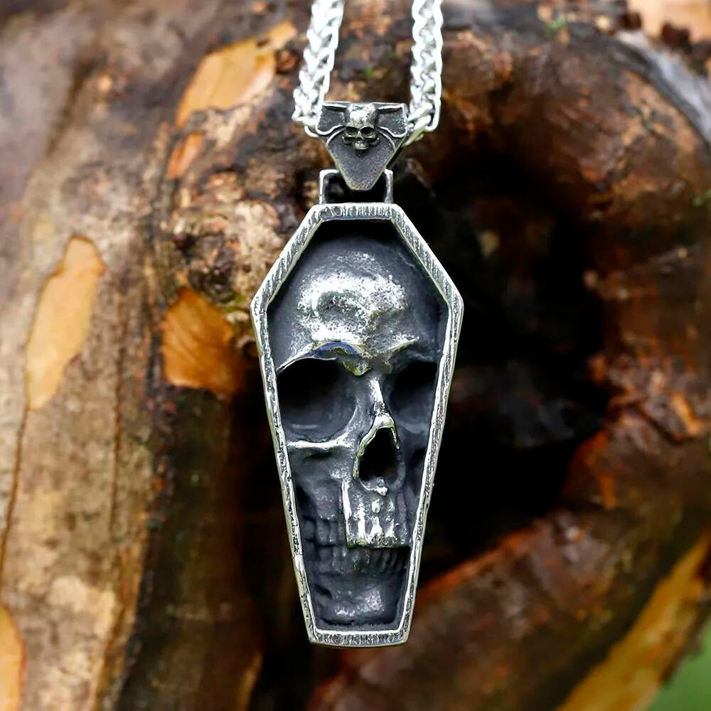 Skeletons in Coffin Pendant Necklace, Gothic Silver Jewelry with Death and Love Symbolism LP-869 CN