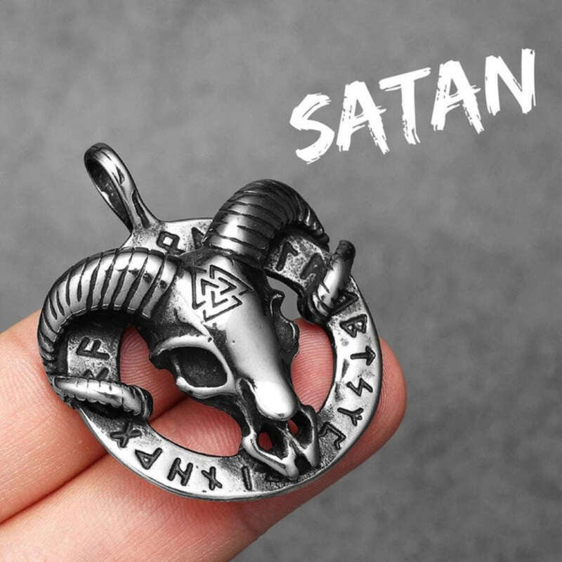 Viking Ram Skull Pendant Necklace – 316L Stainless Steel Norse Valknut Amulet with Runes N1492-Only Pendant