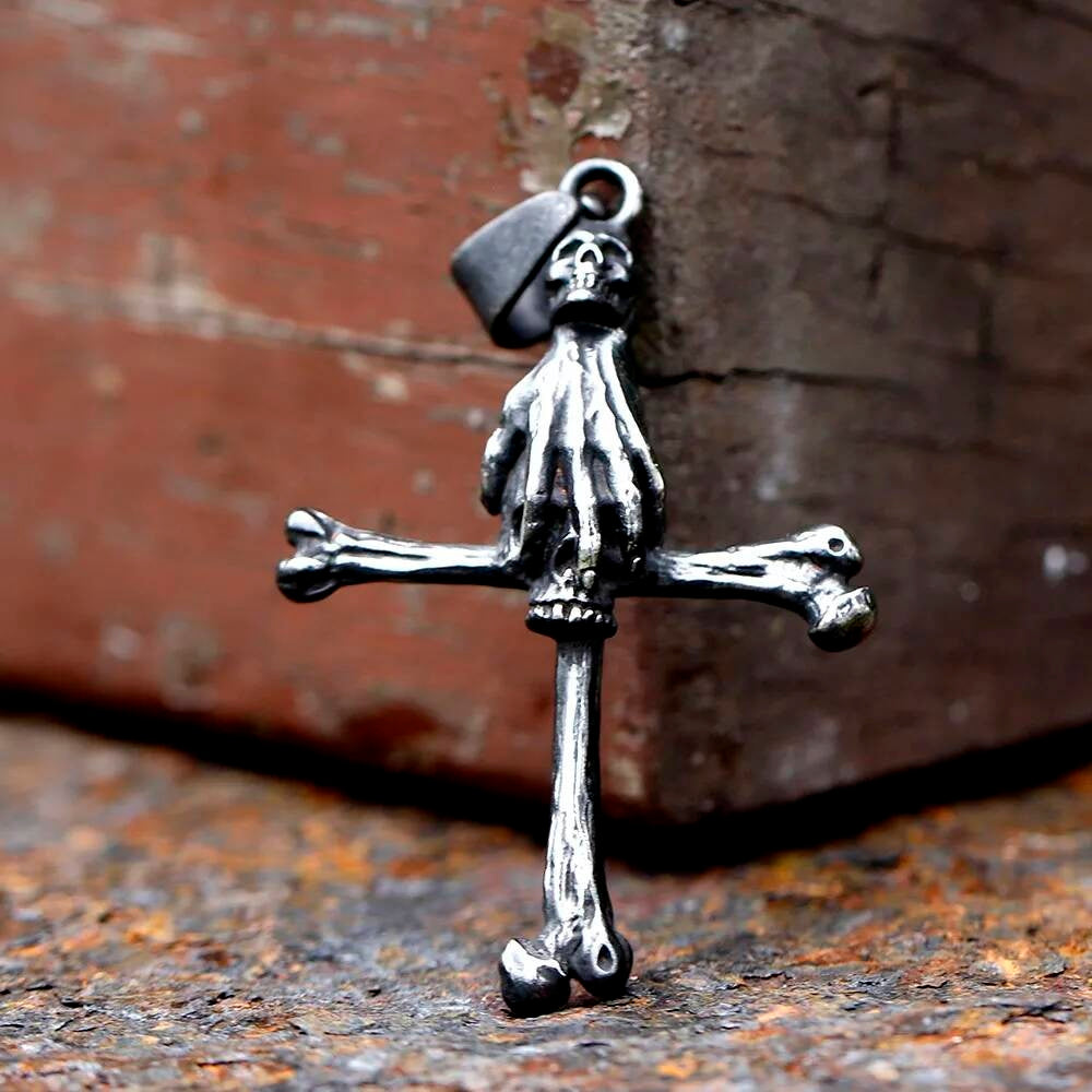 316L Stainless Steel Gothic Skull Hand Cross Pendant Necklace Punk Jewelry