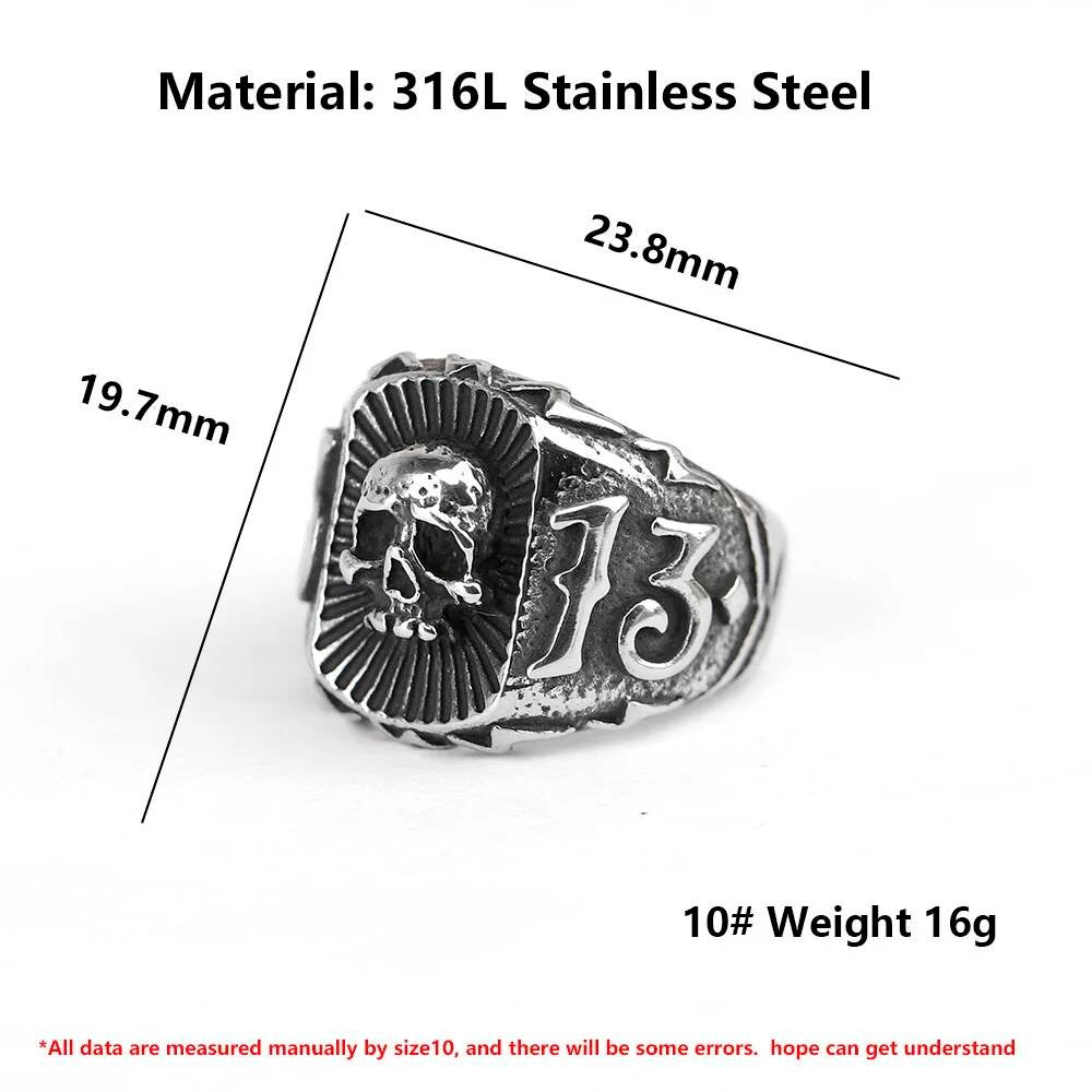 Lucky 13 Skull Ring – Vintage Gothic Stainless Steel Biker Jewelry