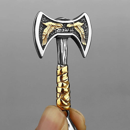 Viking Double-Headed Axe Pendant – Golden Raven Design Stainless Steel Necklace Gold 60cm