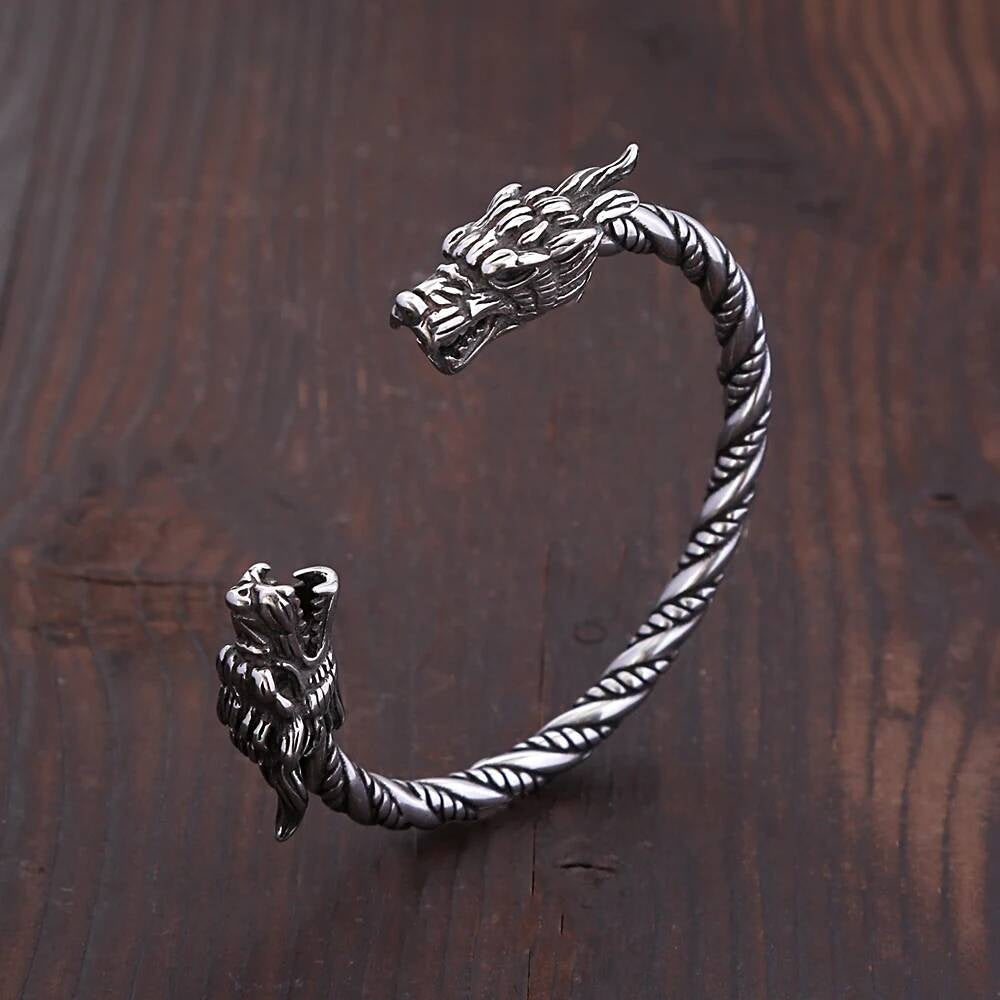 Viking Dragon Head Torque Bracelet – Twisted Stainless Steel Cuff