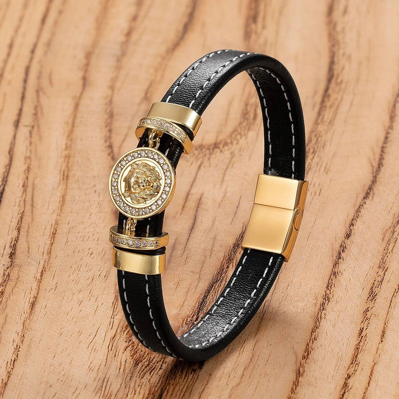 3 Colors Men Leather Bracelet Stainless Steel Domineering Animal Lion Charm Fashion Punk Bracelets for Male Jewelry Gift Gold