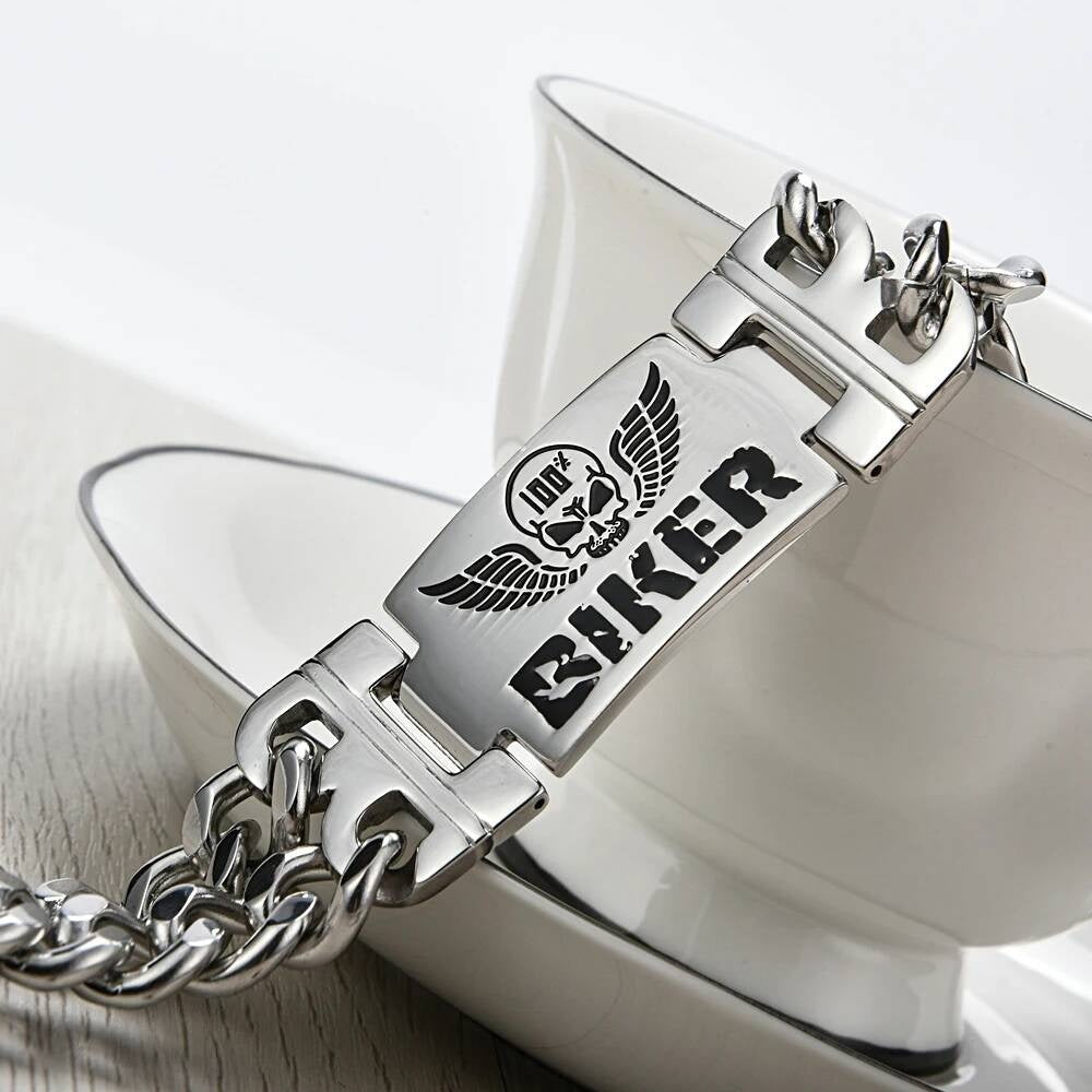 Biker Skull Bracelet for Men Gothic Punk Rock Heavy Metal Chain Jewelry 316L Stainless Steel with Leather Strap