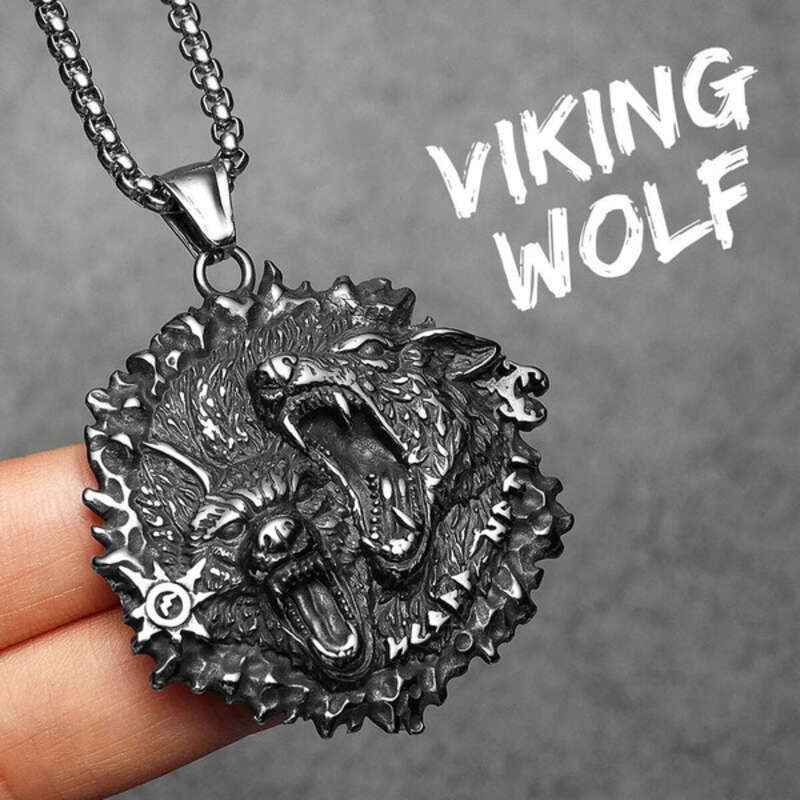 Viking Double Wolf Head Pendant Necklace – 316L Stainless Steel Norse Amulet N1493-60cm chain