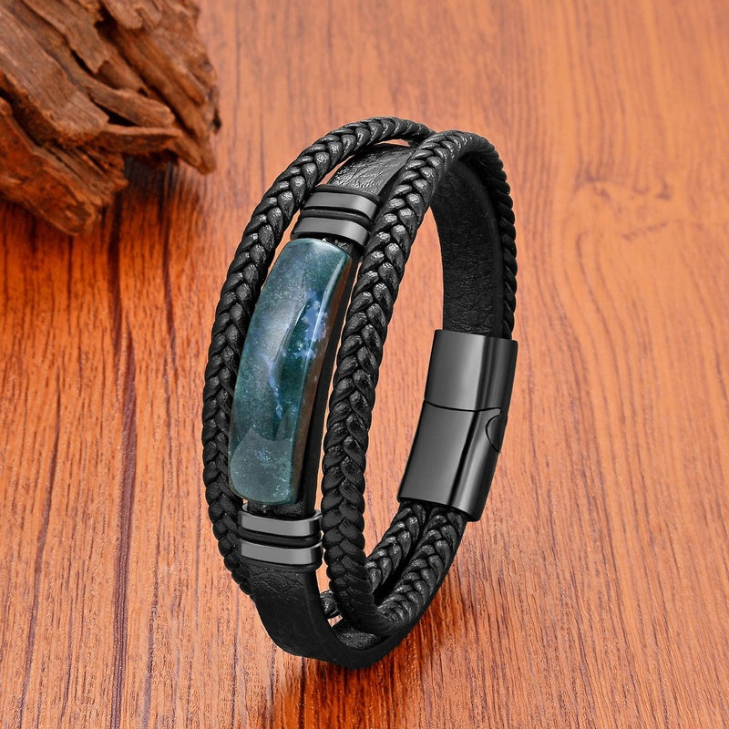 Black Braided Leather Bracelet with Green Jade Beads - Stylish Multi-Layer Magnetic Clasp Jewelry for Casual Wear and Gifts Style A