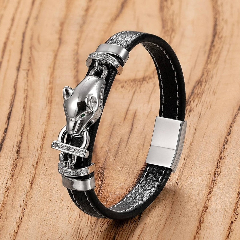 Men's Black Leather Bow with Amber Stone Bracelet for Unique Style White