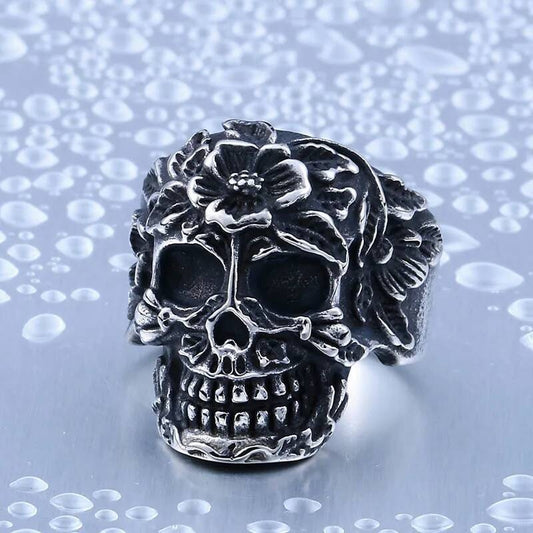 Floral Skull Ring – Gothic Stainless Steel Sugar Skull Biker Jewelry