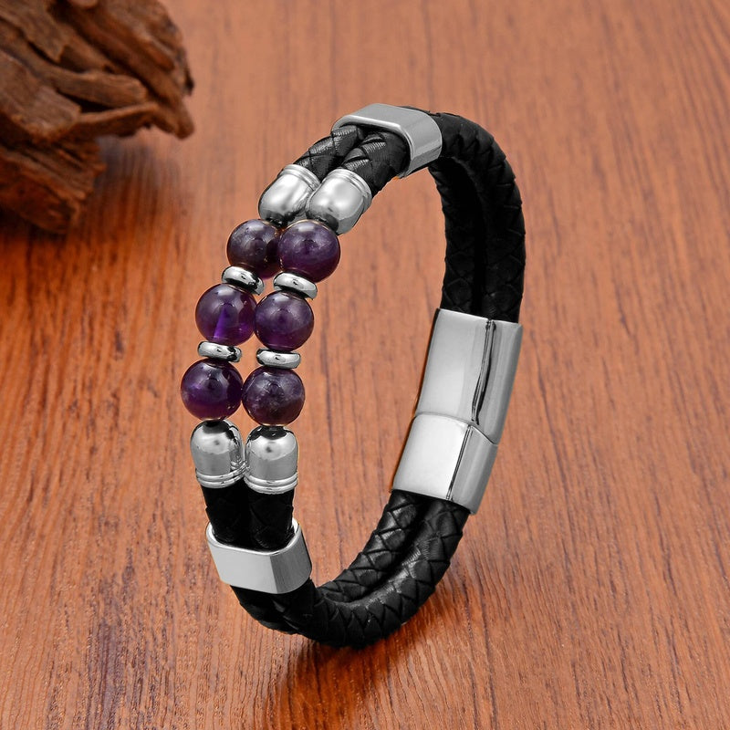 Black Braided Leather Bracelet with Green Jade Beads - Stylish Multi-Layer Magnetic Clasp Jewelry for Casual Wear and Gifts Silver-Amethyst
