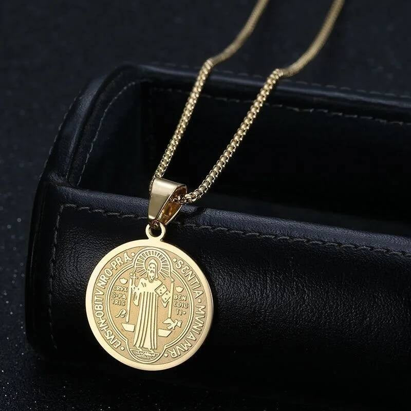 316L Stainless Steel San Benito Medal Pendant Chain Necklace Father Saint Benedict Religious Jewelry Accessories Gold