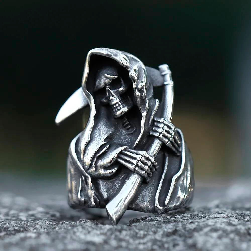 Sickle Caarium Skull Ring - Gothic Stainless Steel Biker Punk Jewelry