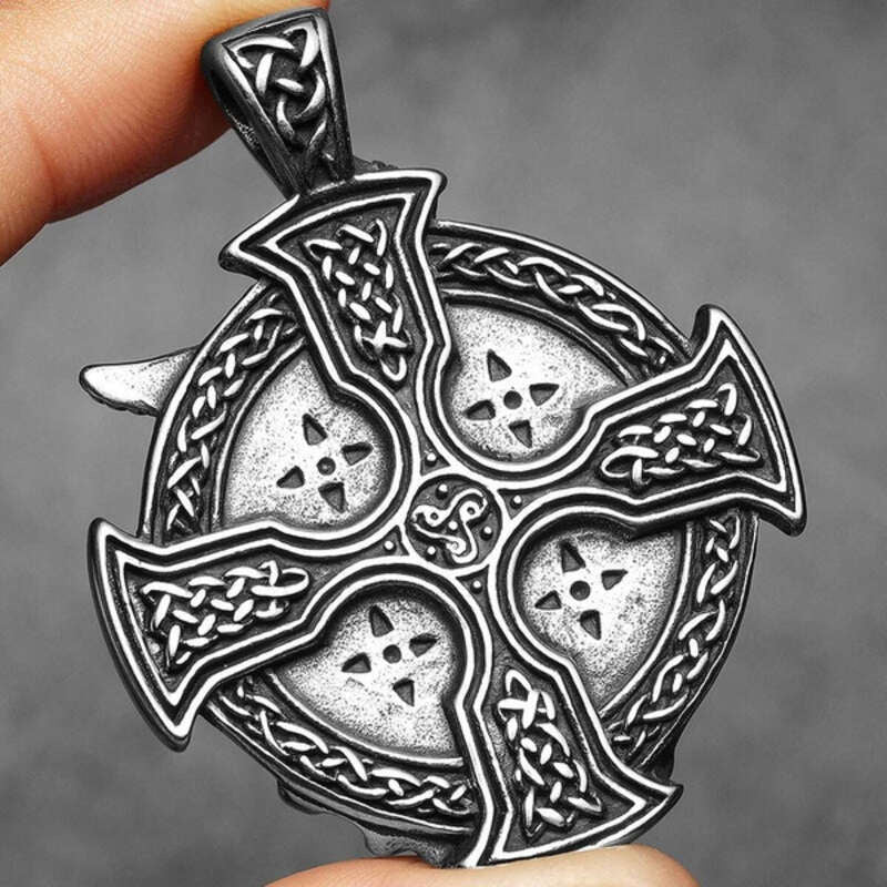 Viking Raven Warrior Cross Pendant Necklace – 316L Stainless Steel Norse Amulet