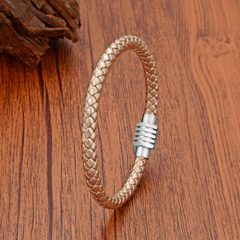 Simple Champagne Color Weave Leather Men Industrial Wind Stainless Steel Buckle Bracelet for Women High Quality Jewelry Champagne Rope-White