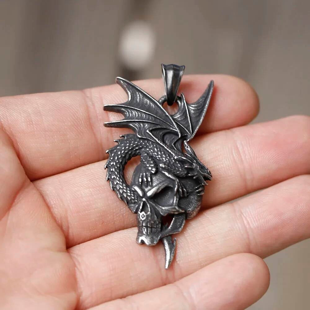 Dragon and Skull Pendant Necklace, Silver Gothic Jewelry with Fierce Mythological Design