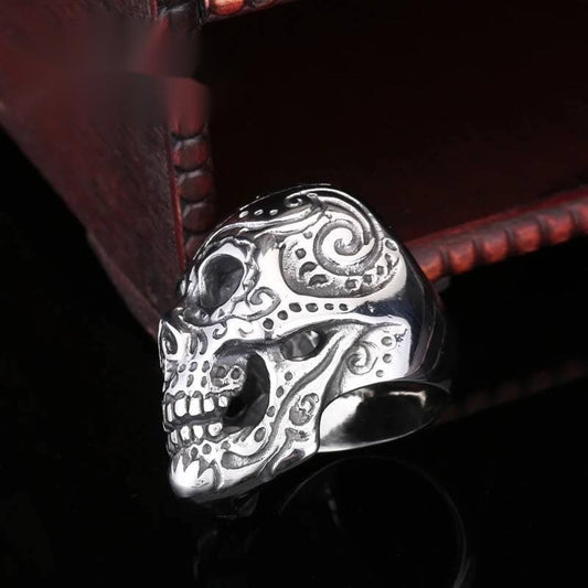 Floral Skull Garden Ring - Stainless Steel Gothic Nature Men's Jewelry