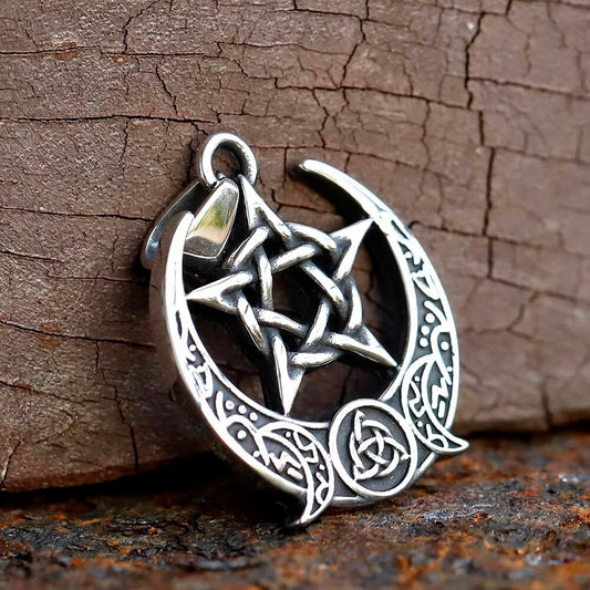 Celtic Moon Pentagram Pendant Necklace – Stainless Steel Wiccan Amulet