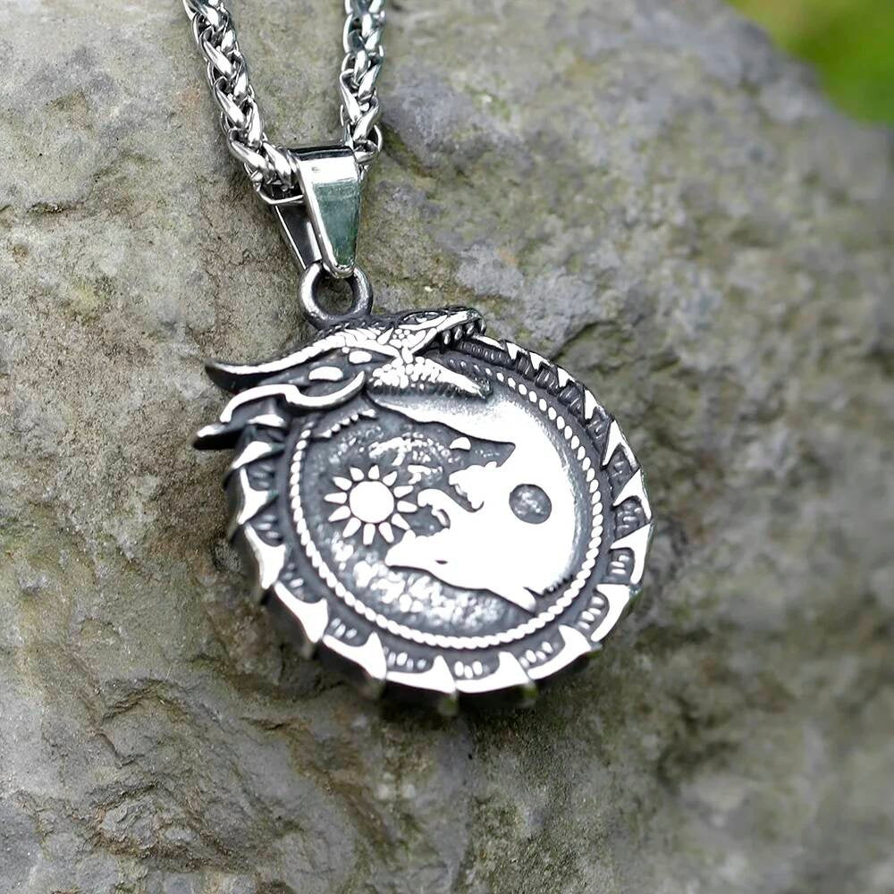 Dragon Sun and Moon Pendant – Silver Norse Dragon Necklac