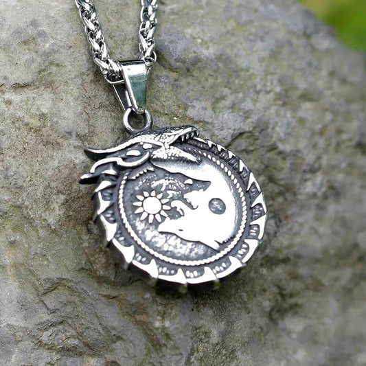 Dragon Sun and Moon Pendant – Silver Norse Dragon Necklac