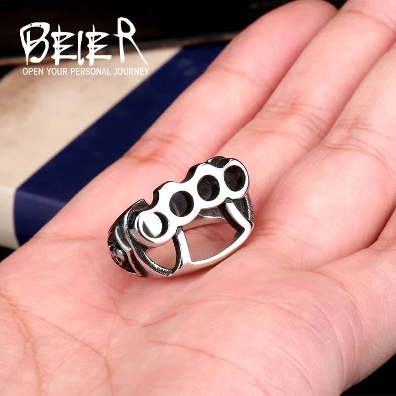 Brass Knuckle Skull Ring – Stainless Steel Biker Punk Streetwear Jewelry