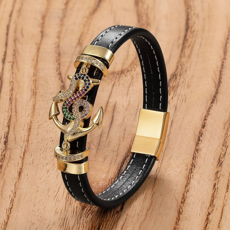 Fashion Punk Stainless Steel Anchor Bracelets Genuine Leather Bangles for Men Bracelet Rock Hip Hop Jewelry Gold-A