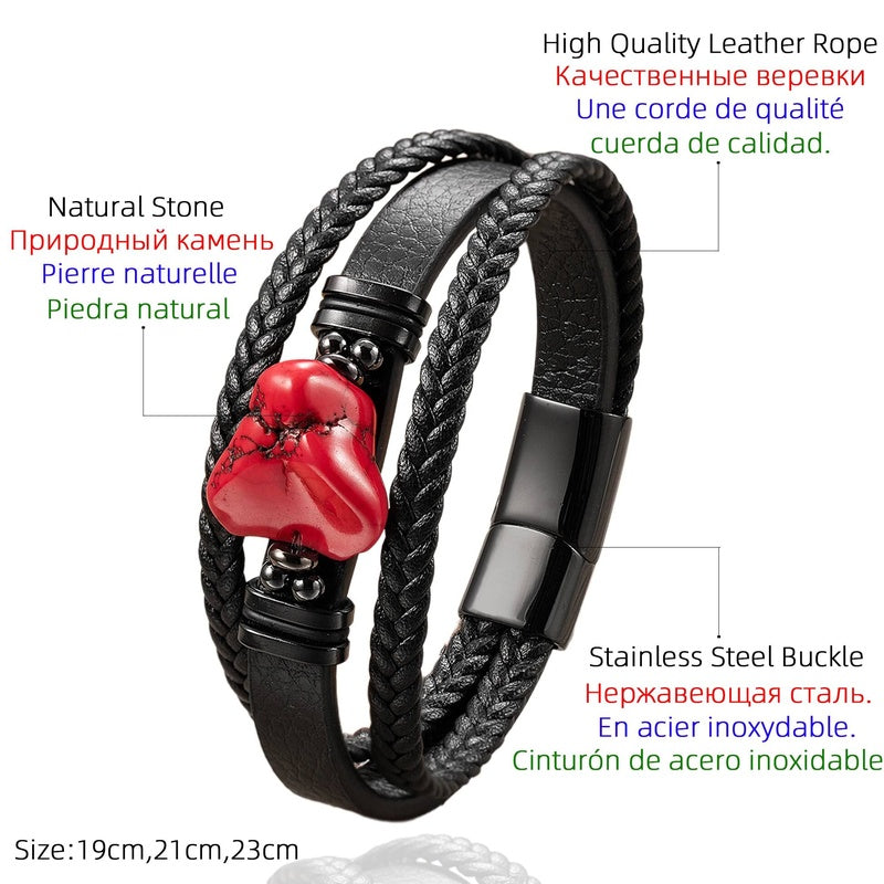 Black Braided Leather Bracelet with Green Jade Beads - Stylish Multi-Layer Magnetic Clasp Jewelry for Casual Wear and Gifts