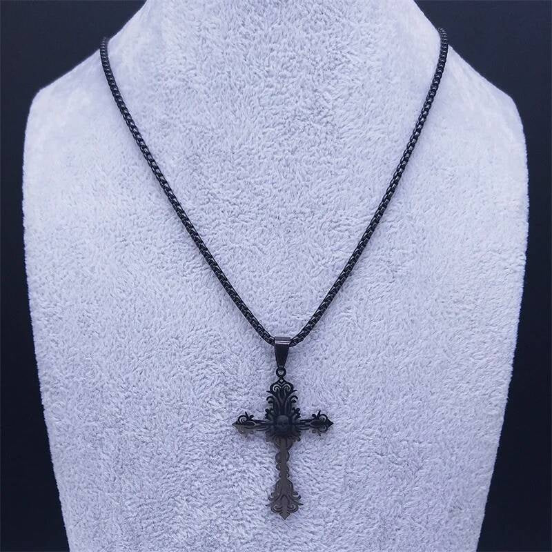 Goth Black Cross 316L Stainless Steel Pendant Chain Necklace For Men Women Jewelry Accessories