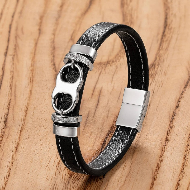 Woven Leather Rope Wrap For Men Classic Stainless Steel Fittings Bangles Bracelets Punk Wristband Jewelry Gifts White