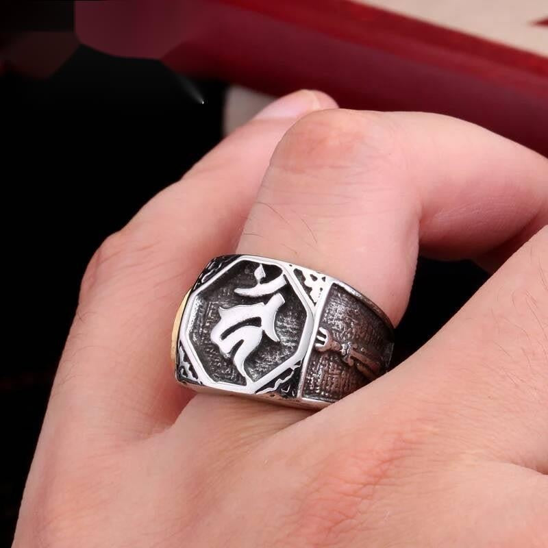 Gothic Stainless Steel Ring with Gold Skull & Engraved Symbol Design
