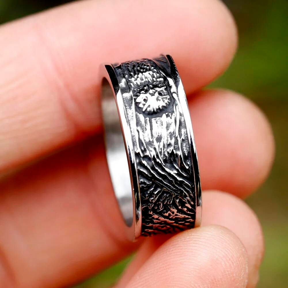 Viking Spindrift Pattern Stainless Steel Round Ring With Owl Design,