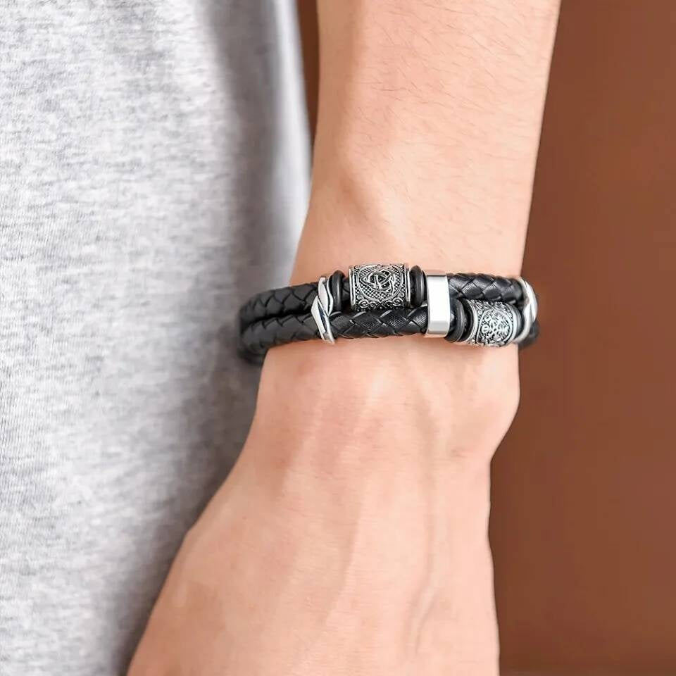 Viking Leather Bracelet – Norse Valknut Symbol Braided Leather & Stainless Steel Wristband