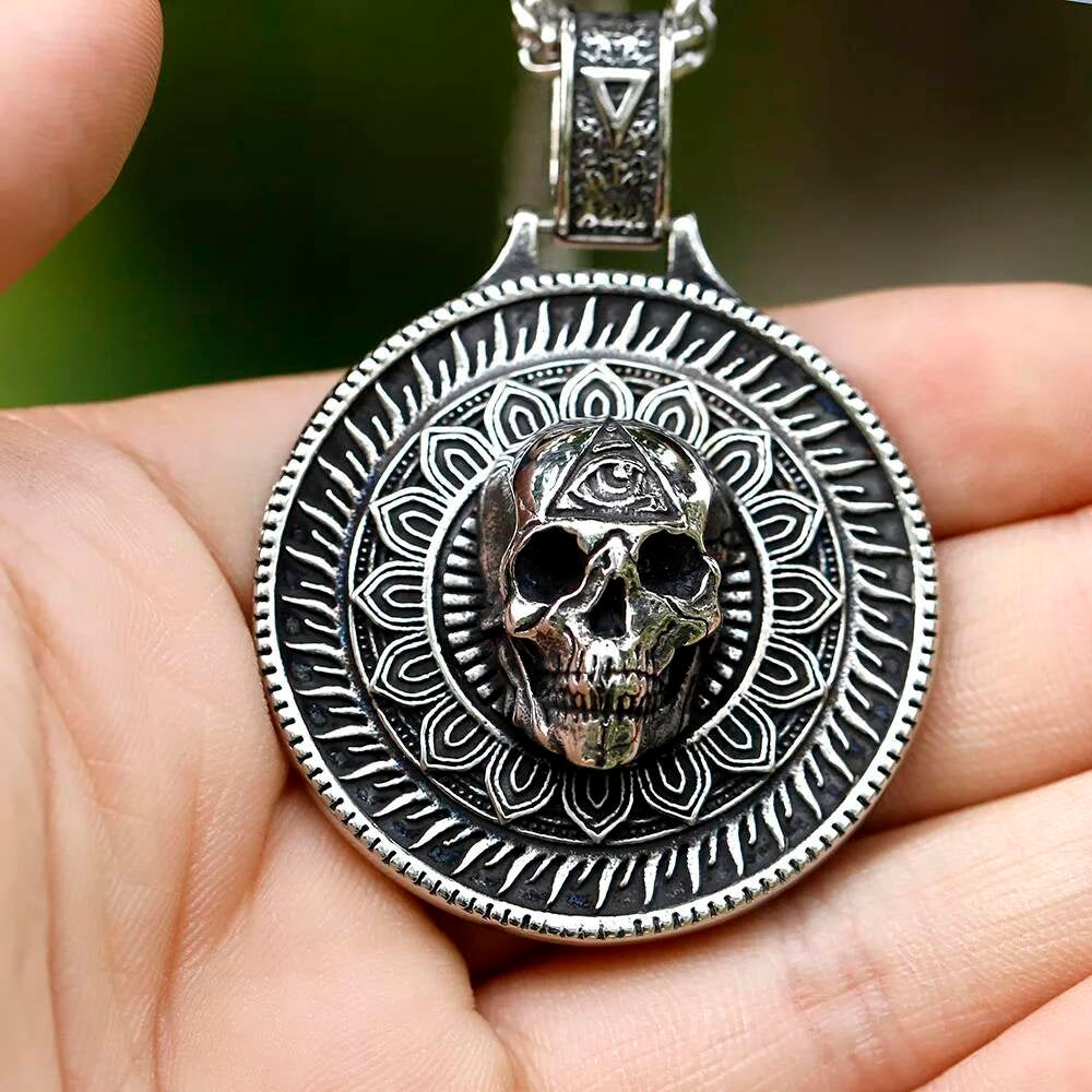Skull with Eye Pendant Necklace, Silver Gothic Jewelry with Intricate Mandala Design