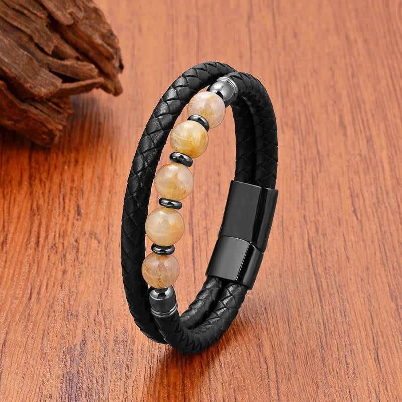 Round Natural Amethysts Stone Beaded Handmade Leather Bracelets for Man Women Trendy Crystal Designer Jewelry Accessories Black-Hair Crystal